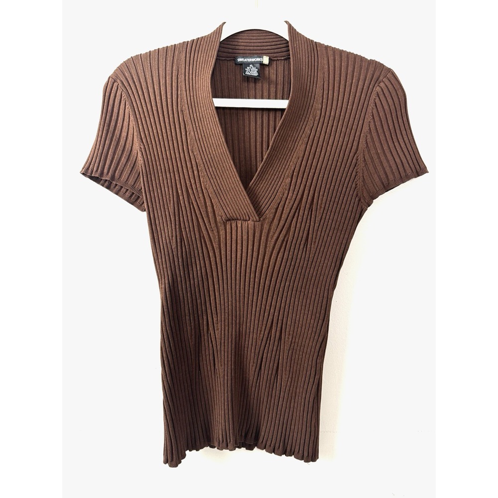 VTG 90s Y2K V-Neck Silk Top XL Chocolate Ribbed Knit Stretch Retro Indie Boho